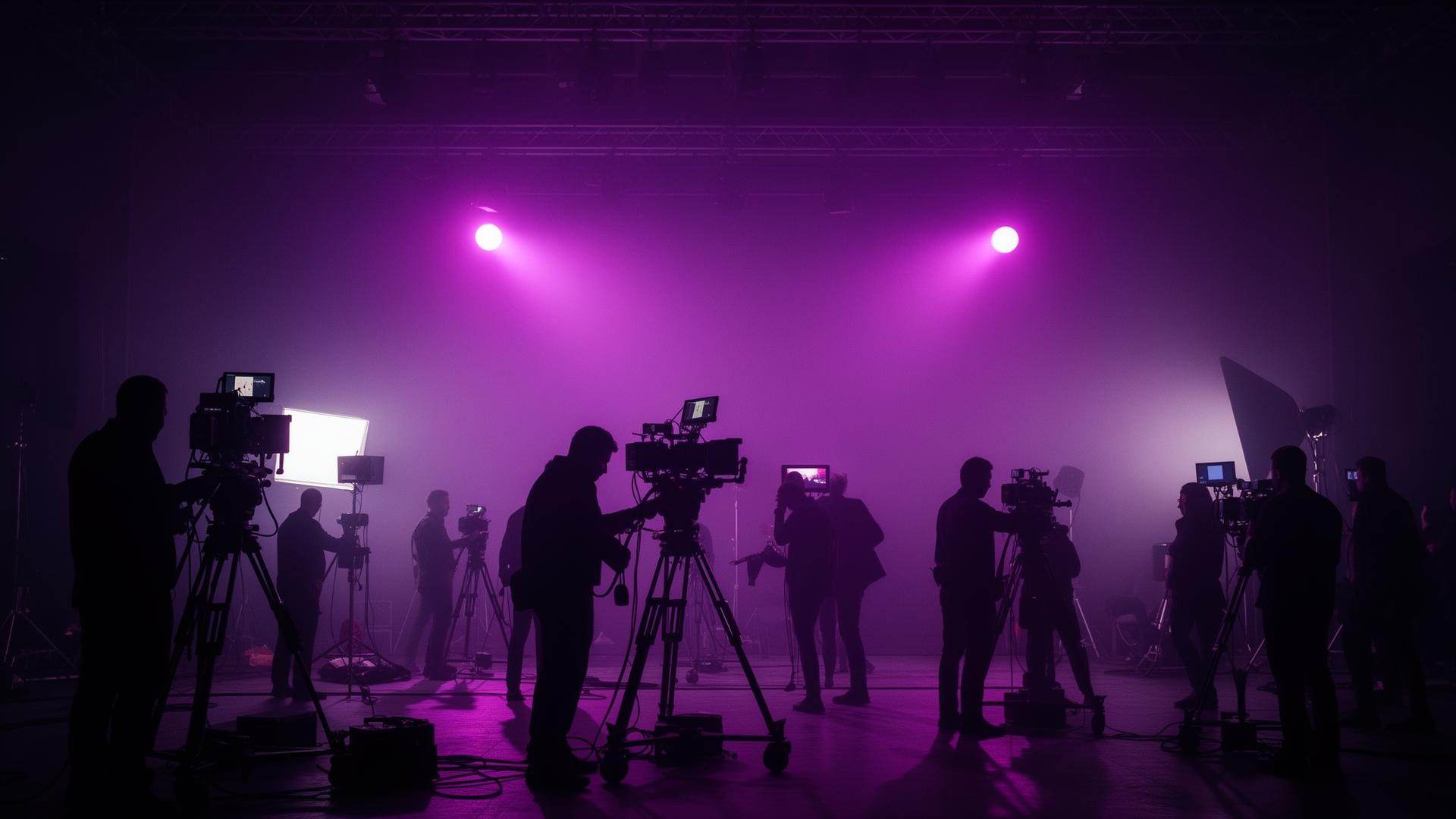 Film crew on a stage lit by violet production lights